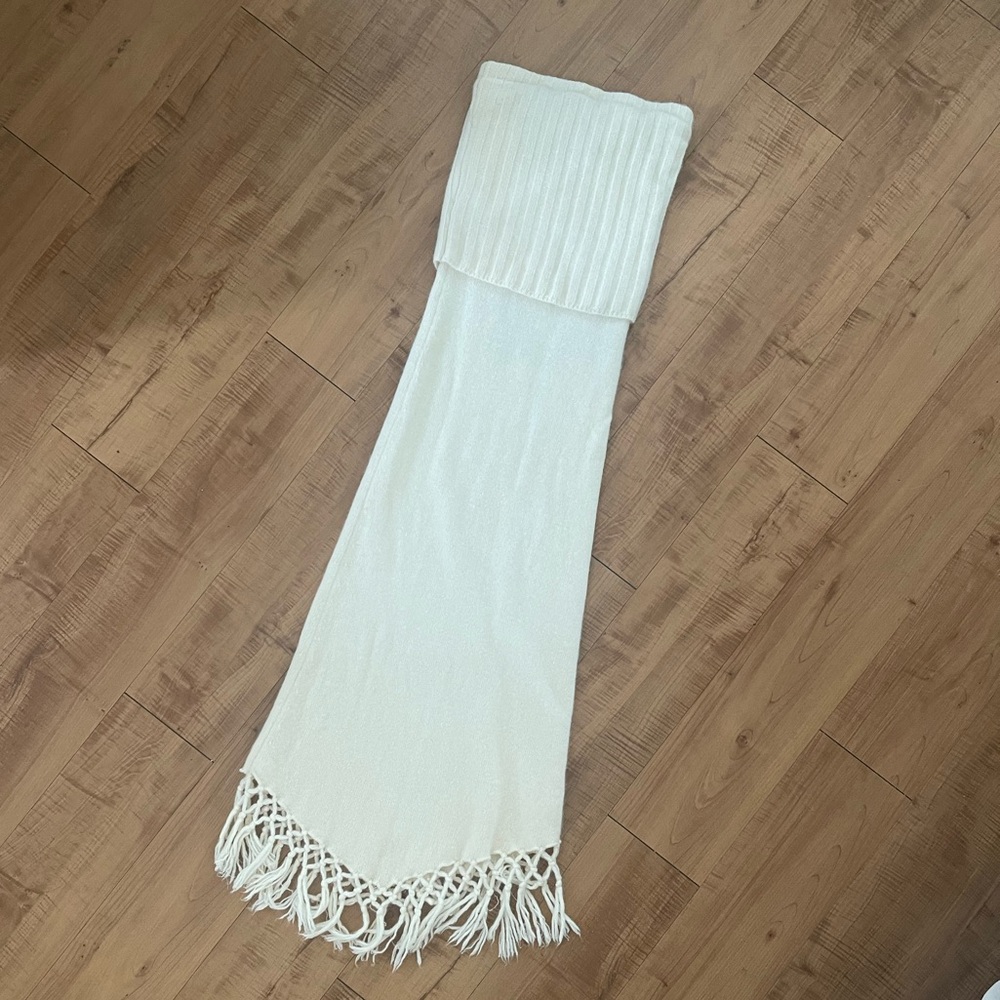Cream Sweater Knit Long Strapless Dress with Fringe